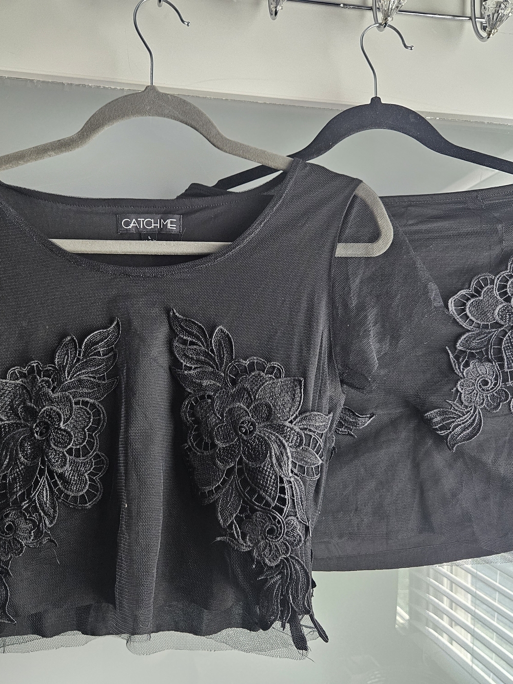 Catch Me Black Floral Applique Mesh Crop Top And Skirt